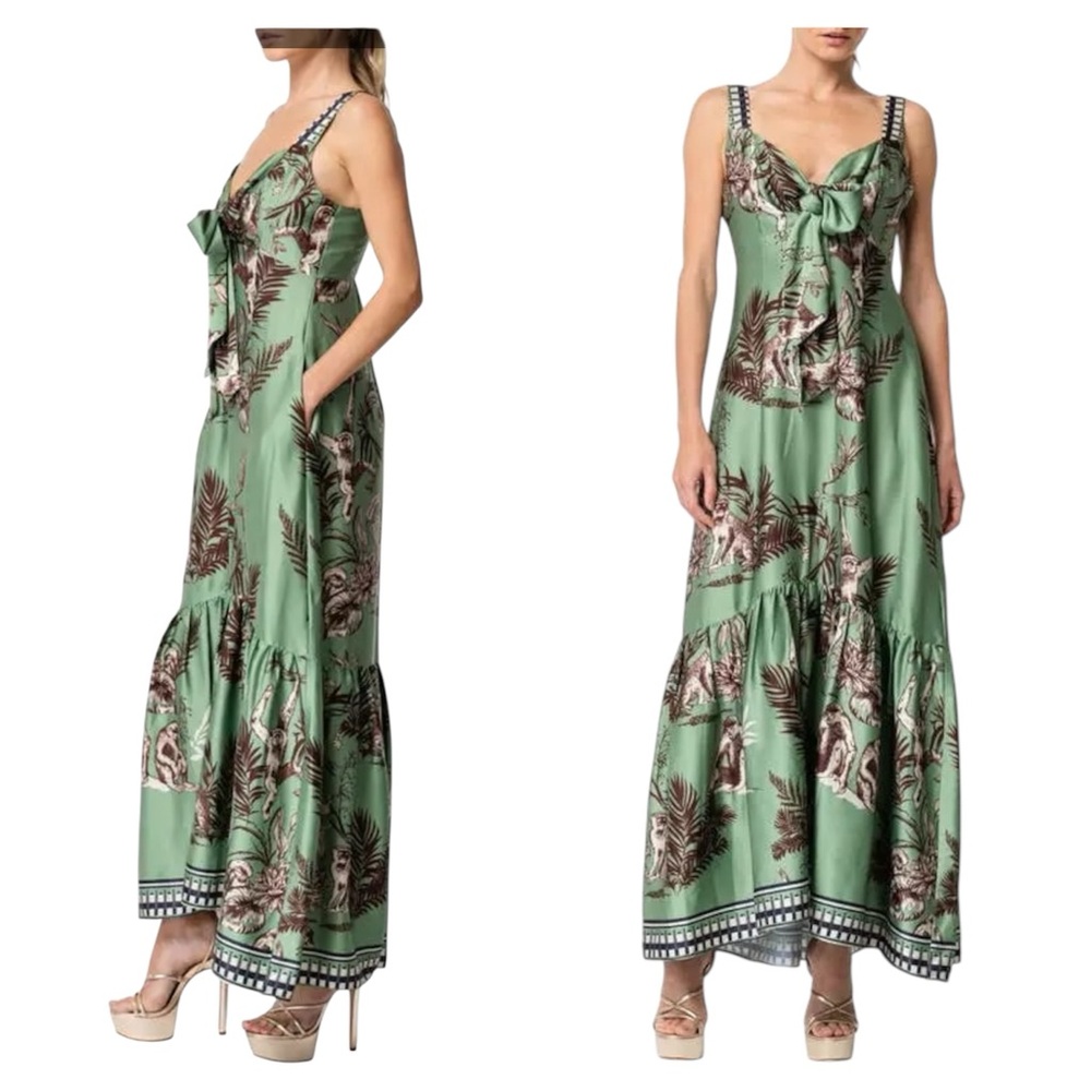Ciebon Kira Green Monkey Print Maxi Tiered Dress Size Small